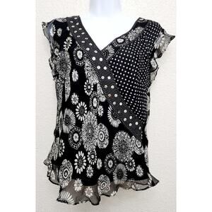 Signature By Robbie Bee Black White Floral Polka Dot Silk Top 10 Sequin Ruffles